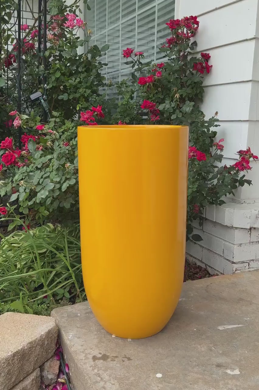 Gloss Yellow Fiberglass Planter: Tall Round Home & Garden Decor