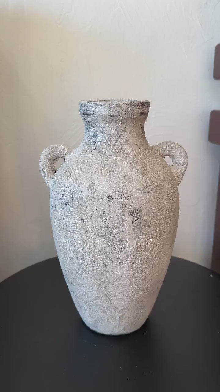 Handmade Concrete Vase with Handles - Antique White Finish (7x7x12 Inches)