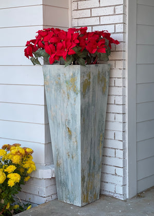 47 INCHES CUBICAL HIGH FIBERGLASS PLANTER FINISHING IN ANTIQUE GOLD